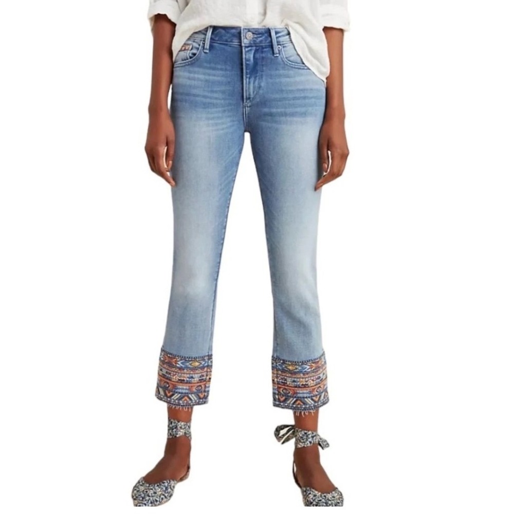 Driftwood Colette Embroidered Southwest Raw‎ Hem Slim Straight Jeans 27 Light